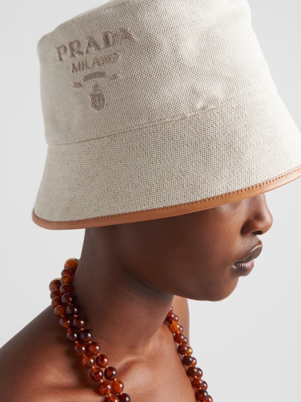 NWT New Prada Cream Cotton Logo Canvas Bucket Hat with Tan Leather Trim Medium